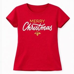 Holiday Time Womens Merry Christmas Graphic T-Shirt Red Gold Foil Medium 8-10